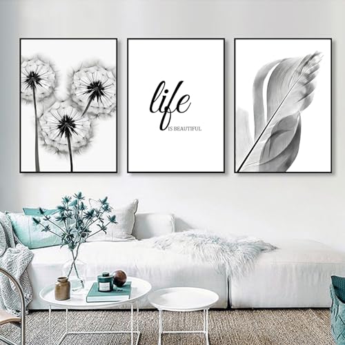 Trayosin 3-teiliges Premium Poster Set, Aesthetic Schwarz Weiß Feder Löwenzahn Bilder Moderne Leinwand Kunstposter Wandbilder, Wohnzimmer Schlafzimmer Wanddeko Art ohne Rahmen (40x50cm) von Trayosin