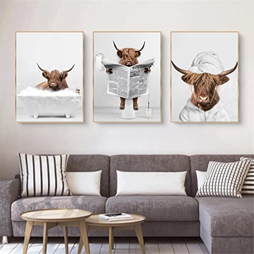 Trayosin 3-teiliges Premium Poster Set,Lustige Hochland Kuh Wandkunst in Badewanne,Tier Wand Kunst Drucke,Hochland Kuh Badewanne Leinwand Malerei Poster Nordisches Badezimmer Wohnkultur (21x30cm) von Trayosin