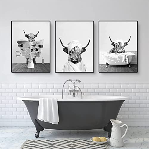 Trayosin 3er Poster Set, Lustige Hochland Kuh Badezimmer Bilder,Schwarz Weiß Leinwand Bild,Wandkunst Bauernhaus Badezimmer Wanddeko Kunst,Rustikale Stil Wandbilder,ohne Rahmen (21x30cm) von Trayosin