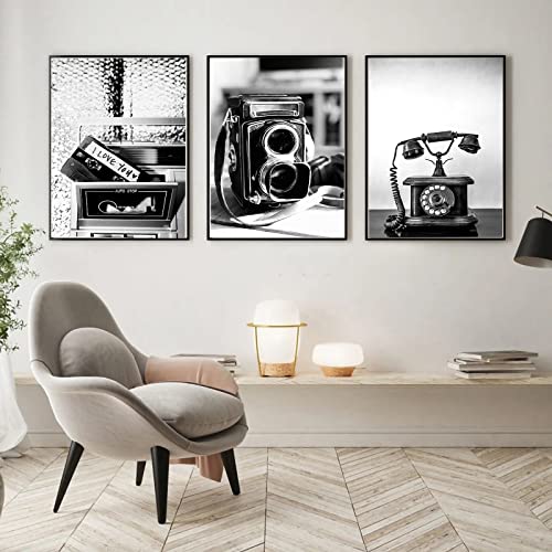 Trayosin 3er Poster Set, Wanddeko Wohnzimmer & Schlafzimmer, Schwarz Weiß Bilder Deko Vintage Poster Kameras Telefone Stilvolle Wandbilder - ohne Bilderrahmen (21x30cm) von Trayosin