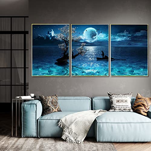 Trayosin 3er Premium Poster Set, Mond auf See Landschaft Leinwand Wandkunst Bilder,Moderne Wandbilder,Bilder Wohnzimmer Deko Schlafzimmer Badezimmer Wand Bild,ohne Rahmen (50x70cm) von Trayosin