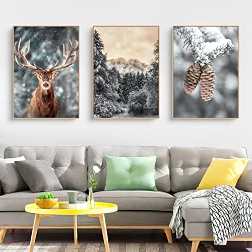 Trayosin 3er Premium Poster Set, Winter-Schneelandschaft Bilder, Elch, Kiefernzapfen, Wald Wandkunst Wandbilder, Deko für Wohnzimmer Schlafzimmer ohne Rahmen (21x30cm) von Trayosin