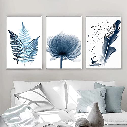 Trayosin 3er Premium Poster Set Aesthetic Blau Pflanzen Leaf Feder Bilder Kunstposter, Moderne Wandbilder, Leinwandbild Kunstdruck,Wandbilder für Wohnzimmer Schlafzimmer,Ohne Rahmen (21x30cm) von Trayosin