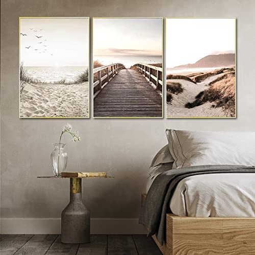 Trayosin 3er Premium Poster Set Beige Strand Bridge Bilder, Moderne Wandbilder für Wohnzimmer und Schlafzimmer,Stilvolle Poster Bilderwand ohne Rahmen (21x30cm) von Trayosin