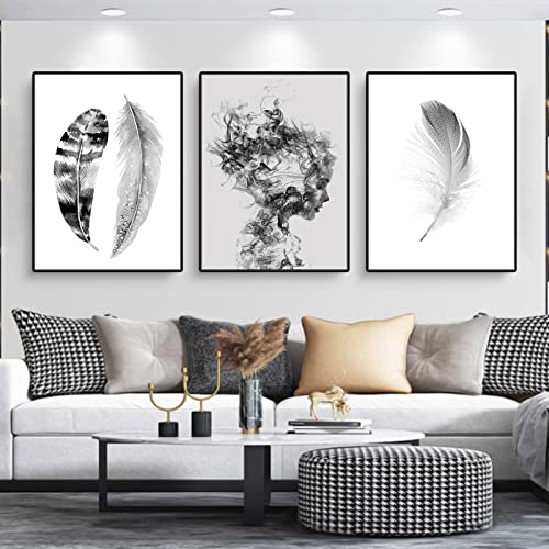 Trayosin 3er Set Design-Poster Set, Moderne Schwarz Weiß Wandbilder, Feder Mädchen Ohne Rahmen Wandbild Print Bilder, Leinwand Kunstposter Schwarz und weiß Feder für Wohnzimmer Deko (30x40cm) von Trayosin