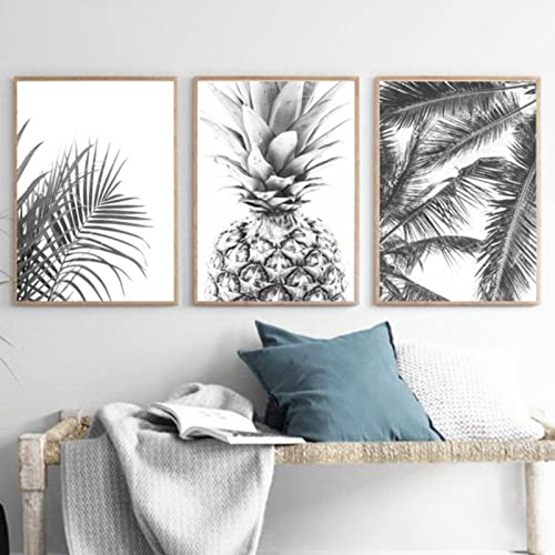 Trayosin 3er Set Poster Set, Moderne Schwarz und weiß Design-Poster Wandbilder, Ohne Rahmen Wandbild Print Bilder, Leinwand Kunstposter Schwarz und weiß Blätter Ananas für Wohnzimmer Deko (21x30cm) von Trayosin