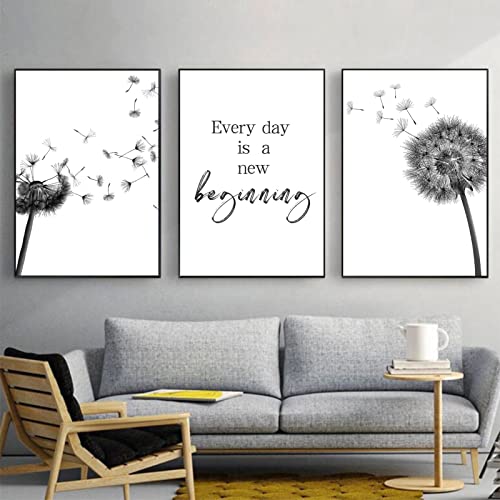 Trayosin 3er Set Premium Design-Poster Set, Moderne Schwarz Weiß Wandbilder Pusteblume Feder Leinwand, Löwenzahn Blume Wandbild Kunstposter für Wohnzimmer Deko Ohne Rahmen (21x30cm) von Trayosin