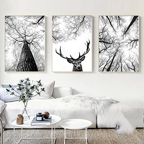 Trayosin 3er Set Premium Design-Poster Set, Schwarz Weiß Wälder Landschaften Wandkunstbild, Nordische Hirsche Bäume Wandbild Print Bilder Kunstposter für Wohnzimmer Deko, Ohne Rahmen (21x30cm) von Trayosin