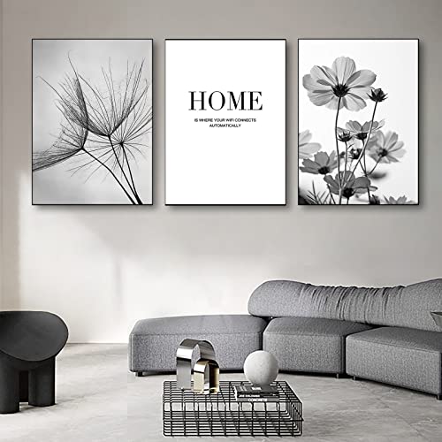 Trayosin 3er Set Premium Design-Poster Set Schwarz Weiß Pusteblume Feder Leinwand, Abstrakte Löwenzahn Blume Wandbild Print Bilder Kunstposter für Wohnzimmer Deko Ohne Rahmen (A,30x40cm) von Trayosin