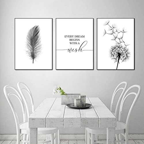 Trayosin 3er Set Premium Design-Poster Set Schwarz Weiß Pusteblume Feder Leinwand, Abstrakte Löwenzahn Blume Wandbild Print Bilder Kunstposter für Wohnzimmer Deko Ohne Rahmen (B,30x40cm) von Trayosin