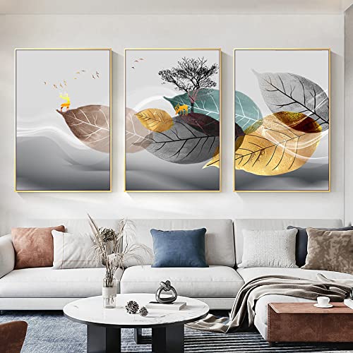 Trayosin 3er Set Premium Poster, Abstrakt Goldene Blätter Hirsch Bilder, Ästhetik Wandbilder Stilvolle Poster Wanddeko für Wohnzimmer & Schlafzimmer, ohne Bilderrahmen (21x30cm) von Trayosin