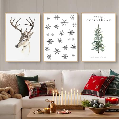 Trayosin 3er Weihnachten Premium Poster Set, Hirsch Schneeflocke Weihnachtsbaum Bilder, Bilder Set für Wohnzimmer Schlafzimmer Büro Flur Wanddeko Kunst, Ohne Rahmen (40x50cm) von Trayosin