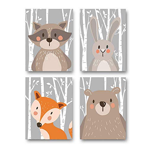 Trayosin 4er Set Kinderzimmer Babyzimmer Poster Bilder DIN A4 | Mädchen Junge Deko | Dekoration Kinderzimmer | Waldtiere Safari Skandinavisch （Bär,Kaninchen,Fuchs） (Grauer Boden) von Trayosin