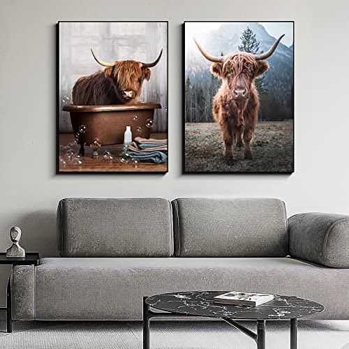 Trayosin Highland Cow Cattle Wand Leinwand Kunst, Nordic Lustige Hochland Kuh Malerei Poster und Drucke Wandbild für Wohnzimmer Schlafzimmer Dekoration Ohne Rahmen (21x30cm) von Trayosin