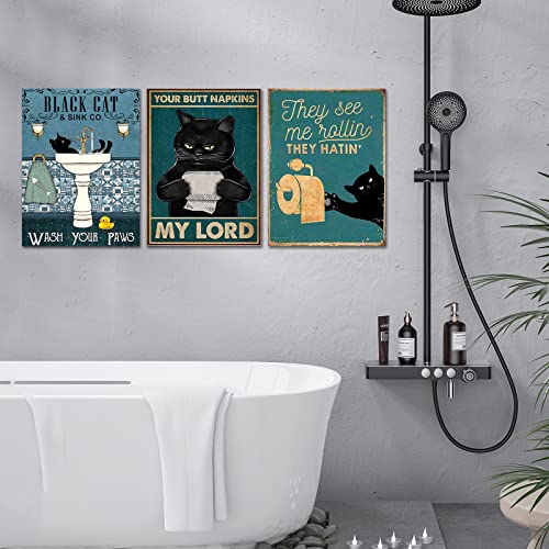 Trayosin Lustige Schwarz Katze Poster 3 Bilder Set,Vintage Leinwand Bilder,Lustige Wandbilder für Wohnzimmer, Badezimmer, Schlafzimmer, Kinder Badezimmer Dekor,ohne Rahmen (21x30cm) von Trayosin