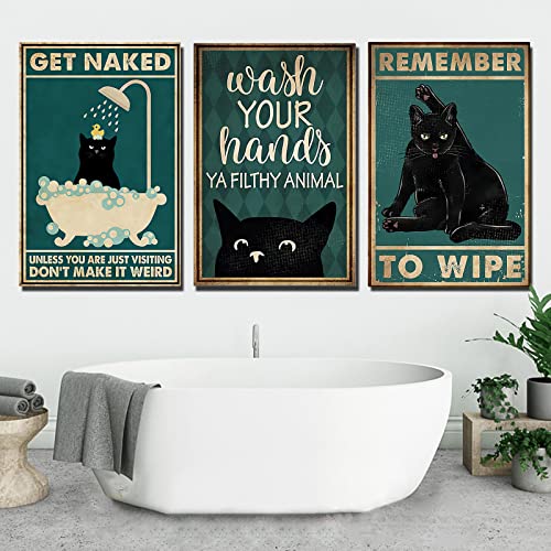 Trayosin Lustige Schwarz Katze Wandkunst Set von 3,Vintage Wandbilder,Leinwand Poster Bilder Badezimmer Schlafzimmer Wandposter Wand Bild Lustiges Badezimmer Deko,ohne Rahmen (30x40cm) von Trayosin