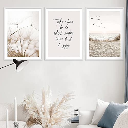 Trayosin Poster Set 3er Bilder Strand Löwenzahn Natur Wandbilder Beige,Bilder Wohnzimmer Deko Schlafzimmer,Moderne Wandbild Kunstdruck Leinwandbild,Wandposter OHNE Rahmen (40x50cm) von Trayosin