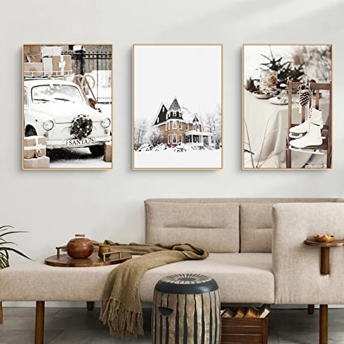 Trayosin Premium 3er Poster Set, Winter Schneelandschaft Bilder Set, ohne Rahmen, Moderne Schloss Automobil Bilder Wanddeko, Wandbilder für Wohnzimmer Schlafzimmer (30x40cm) von Trayosin