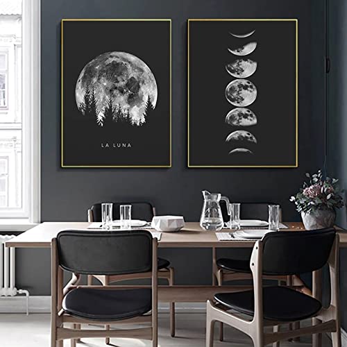 Trayosin Premium Poster Set, 2 Bilder Minimalistisches Schwarz Weiß Mondphasen Kunstdruck Modern Wandbilder, Wanddeko für Schlafzimmer und Wohnzimmer,Poster Vintage,OHNE Rahmen (21x30cm) von Trayosin