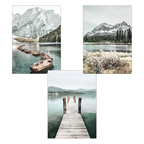 Trayosin Premium Poster Set, 3er Bilder Set Wanddeko, Brücke Seen Wandbilder, Modern Schneebedeckte Berge Bild für Wohnzimmer Schlafzimmer Flur,Wandposter, Ohne Rahmen (50x70cm) von Trayosin