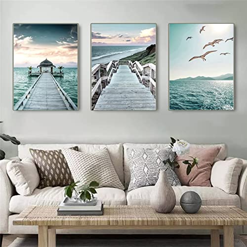 Trayosin Premium Poster Set Strand und Meer, 3er Bilder Set, Wasser Möwen Delphin, Wanddeko für Schlafzimmer und Wohnzimmer, Poster Vintage, ohne Bilderrahmen (A,40x50cm) von Trayosin