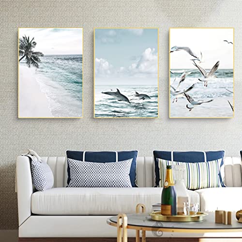 Trayosin Premium Poster Set Strand und Meer, 3er Bilder Set, Wasser Möwen Delphin, Wanddeko für Schlafzimmer und Wohnzimmer, Poster Vintage, ohne Bilderrahmen (B,50x70cm) von Trayosin