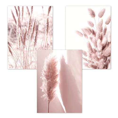 Trayosin Wandbilder Wohnzimmer 3er Premium Set Boho Rosa Pampasgras Poster Wandbilder Deko Bilder, Bilder Wanddeko Schlafzimmer, ohne Rahmen (A,30x40cm) von Trayosin
