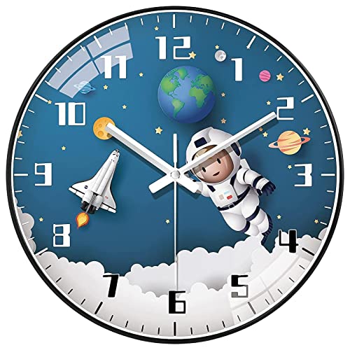 Trayosin Wanduhr Kinder Lautlos, 25cm Kinderwanduhr, Astronaut, Rakete, Weltraum Kinderuhr, Wanduhr Mit Ziffernblatt Zum Lernen, Jungen & Mädchen Kinderuhr (A-25cm) von Trayosin