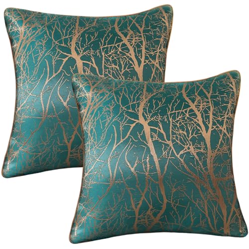 Traziewell Kissenbezüge Grün 2er Set Kissenbezug mit Gold Bedruckt 45x45 cm Dekokissen Sofakissen für Wohnzimmer Schlafzimmer 00709 von Traziewell