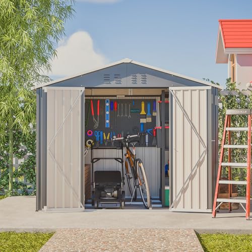 8x6FT Gerätehaus Gartenschrank Wetterfest Outdoor Metall Geräteschuppen Geräteschrank, Tool-Shed mit Klapptür, Werkzeughaus Gartenlager, Anthrazit-Farbe von Trdlpyn