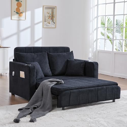 Ausziehbares Sofa mit Aufbewahrungstasche, USB-Anschluss und Getränkehalter, Sofa aus Stoff, abnehmbar und waschbar, Schlafsofa mit 4 Kissen – ideal für kleine Wohnzimmer (schwarz) (schwarz) von Trdlpyn