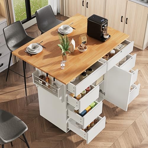 Bewegliche Kücheninseln mit Rollen und Klappbarer Arbeitsplatte, Küchenwagen Ausziehbarer mit Gewürzregal und 8 Schubladen, Küche Island Freistehend, Servierwage Küchenschrank 122x46(74.5) x91.5 cm von Trdlpyn