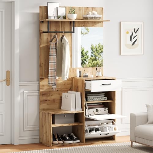 Flurgarderoben Set 100*38.5*190cm, Kompaktgarderobe mit Spiegel, Schuhbank, Schuhschrank, Hängeschrankregal, Mit 1 Schublade und 2 Schränken, Flurschrank Wandgarderobe für Ihren Eingangsbereich von Trdlpyn