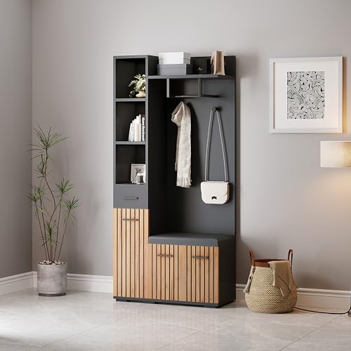 Garderoben-Set Eingangsschrank, 80*35*175cm Kompaktgarderoben, Garderobenständer mit Schuhbank und 2 Kleiderhaken, Flurschrank Wandgarderobe für Ihren Eingangsbereich Flur, Schwarz + Holzfarbe Garderoben-Set Eingangsschrank, 80*35*175cm Kompaktgarderoben, Garderobenständer mit Schuhbank und 2 Kleiderhaken, Flurschrank Wandgarderobe für Ihren Eingangsbereich Flur, Schwarz + Holzfarbe von Trdlpyn
