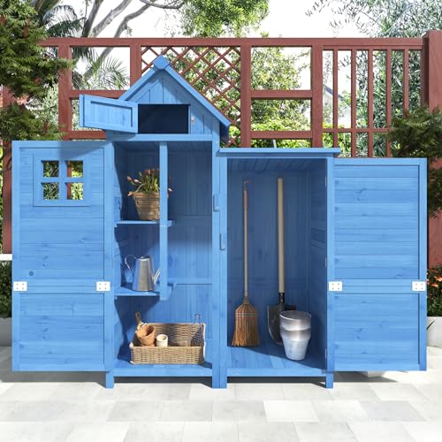 Gerätehaus Gartenschrank Wetterfest Outdoor Holz Geräteschuppen Geräteschrank, PVC-Dach, Werkzeughaus Gartenlager 118 x 54 x 173 cm (BxTxH), Blau von Trdlpyn