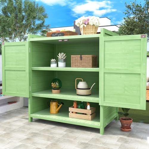 Holz Gartenschrank mit DREI Schränken, Geräteschuppen Outdoor Schrank Garten Möbel Gerätehaus,Grün von Trdlpyn