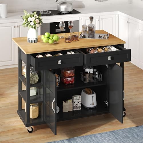 Kücheninseln Freistehend auf Rollen mit Klappbarer Arbeitsplatte, 2 Schubladen, Küchenwagen Küchenschrank Servierwagen für Küche, Esszimmer & Wohnzimmer--L 120x W 40(65)x H 89cm, Schwarz+Natur von Trdlpyn