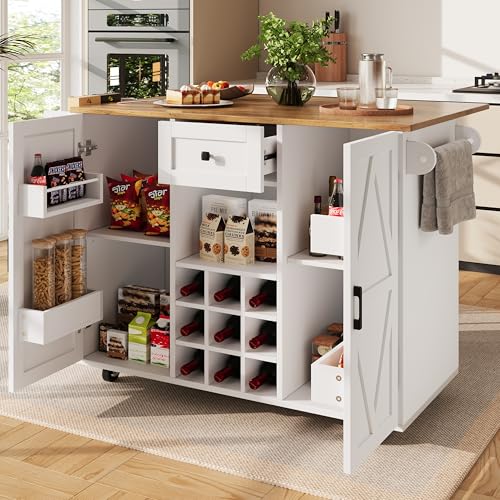 Kücheninseln Freistehend auf Rollen mit Klappbarer Arbeitsplatte, Speisewagen mit Snackregalen und Stretchfunktionsschränken, Küchenschrank mit Speicherraum, Buffetschrank für Küche, Wohnzimmer,Esszim von Trdlpyn