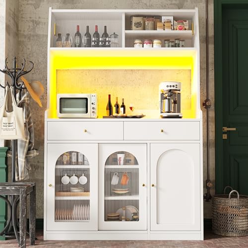Küchenschrank Buffetschrank (120×40×180cm), Küchenbuffet Hochschrank mit LED-Beleuchtung, Sideboard Vitrinenschrank mit 2 Schublade und Verstellbaren Ablagen, Anrichte Kommode Esszimmermöbel, Weiß von Trdlpyn