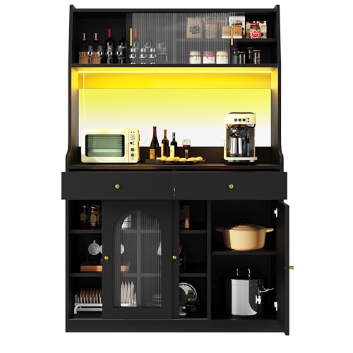 Küchenschrank Buffetschrank (120×40×180cm), Küchenbuffet Hochschrank mit LED-Beleuchtung, Sideboard Vitrinenschrank mit 2 Schublade und Verstellbaren Ablagen, Anrichte Kommode Esszimmermöbel, schwarz von Trdlpyn