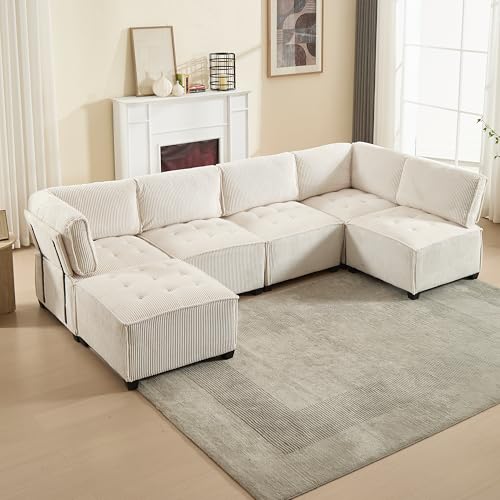 Modulares langes 6-Sitzer-Sofa, 308 cm, aus Samt, flexible Kombination als U-förmiges Sofa, L/Bett, Loungesessel mit Aufbewahrungstaschen, robuste Struktur aus Holz und Metall, Beige von Trdlpyn