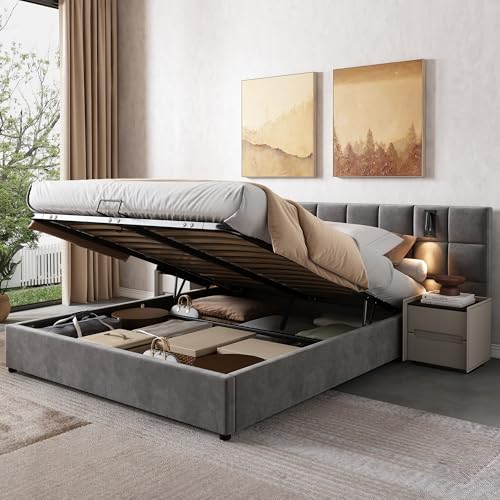 Polsterbett Doppelbett 160 x 200 cm mit Stauraum Unterbett, Kopfteil Leselicht mit USB Ladefunktion, Hydraulisch Stauraumbett Bettgestell mit Lattenrost, Verbreitern Sie das Kopfteil, Ohne Nachttisch von Trdlpyn
