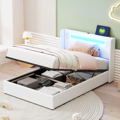 Polsterbett Einzelbett 90x200 Bett mit LED-Lichtleiste, Bluetooth-Player und USB-Aufladung, Hydraulisch Stauraumbett Bettgestell mit Lattenrost, PU-Leder-Aufbewahrungsbett, Hochbettkasten Weiß von Trdlpyn