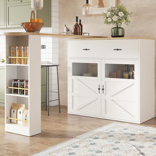 Trdlpyn Ausziehbarer Bartisch mit Stauraum(138-204×39×104cm), 360° drehbare Stehtisch Bistrotisch, Moderner Beweglicher Bar Table, Tresentisch Kücheninsel Essbar, Bartheke mit Regalen, Weiß von Trdlpyn