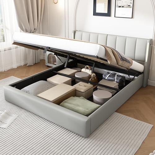 Trdlpyn Binaurales Polsterbett Doppelbett 160 x 200 cm, LED Hydraulisch Stauraumbett Funktionsbett, verstellbares Kopfteil mit USB Typ-C Ladefunktion, Bettgestell mit Lattenrost, PU, grau Trdlpyn Binaurales Polsterbett Doppelbett 160 x 200 cm, LED Hydraulisch Stauraumbett Funktionsbett, verstellbares Kopfteil mit USB Typ-C Ladefunktion, Bettgestell mit Lattenrost, PU, grau von Trdlpyn