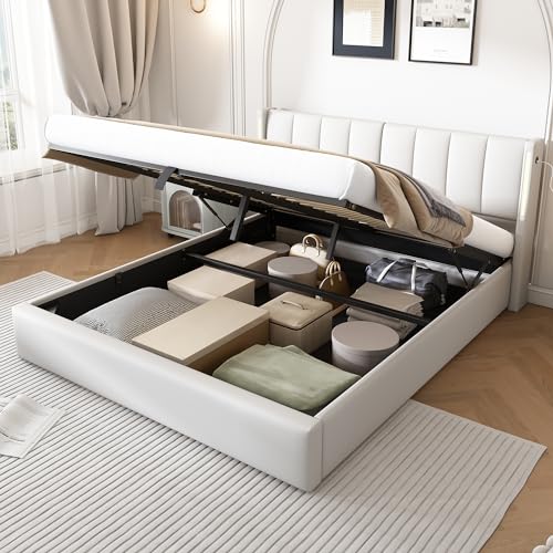 Trdlpyn Binaurales Polsterbett Doppelbett 160 x 200 cm, LED Hydraulisch Stauraumbett Funktionsbett, verstellbares Kopfteil mit USB Typ-C Ladefunktion, Bettgestell mit Lattenrost, PU, weiß Trdlpyn Binaurales Polsterbett Doppelbett 160 x 200 cm, LED Hydraulisch Stauraumbett Funktionsbett, verstellbares Kopfteil mit USB Typ-C Ladefunktion, Bettgestell mit Lattenrost, PU, weiß von Trdlpyn
