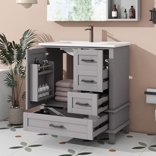 Trdlpyn Bodenstehender Badezimmerschrank 76x46x83,5cm, Badmöbel Set mit Waschbecken, Waschtisch,DREI geräuschlose Schubladen,integriertes Keramikwaschbecken,Einzel Waschtisch, Grau Trdlpyn Bodenstehender Badezimmerschrank 76x46x83,5cm, Badmöbel Set mit Waschbecken, Waschtisch,DREI geräuschlose Schubladen,integriertes Keramikwaschbecken,Einzel Waschtisch, Grau von Trdlpyn