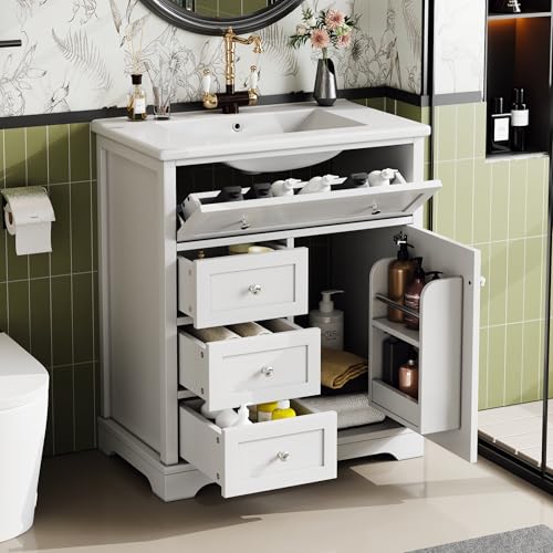 Trdlpyn Bodenstehender Badezimmerschrank 76x46x87cm, Badmöbel Set mit Keramikwaschbecken, DREI Soft-Close-Schubladen, Türregale, Ausklappbare Schublade, Einzel Waschtisch, Weiß Trdlpyn Bodenstehender Badezimmerschrank 76x46x87cm, Badmöbel Set mit Keramikwaschbecken, DREI Soft-Close-Schubladen, Türregale, Ausklappbare Schublade, Einzel Waschtisch, Weiß von Trdlpyn