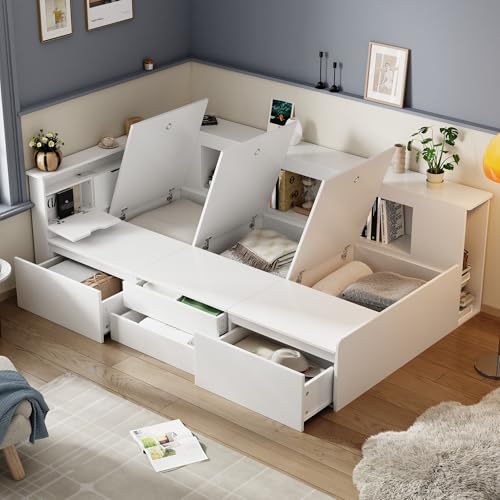 Trdlpyn Einzelbett 90 * 200cm, Stauraumbettt mit Schubladen,Bücherregal und Stauschrank, Bettkasten mit Stauraum, Holzbett Kinderbett Flachbett Jugendbett Bettgestell mit Lattenrost, Weiß von Trdlpyn