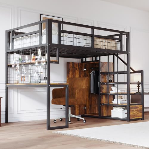 Trdlpyn Hochbett aus Metall, 140 x 200 cm mit Leiter, Schrank und Schreibtisch, Netzregal, Bettgestell für Jugendliche und Erwachsene, Schwarz Trdlpyn Hochbett aus Metall, 140 x 200 cm mit Leiter, Schrank und Schreibtisch, Netzregal, Bettgestell für Jugendliche und Erwachsene, Schwarz von Trdlpyn